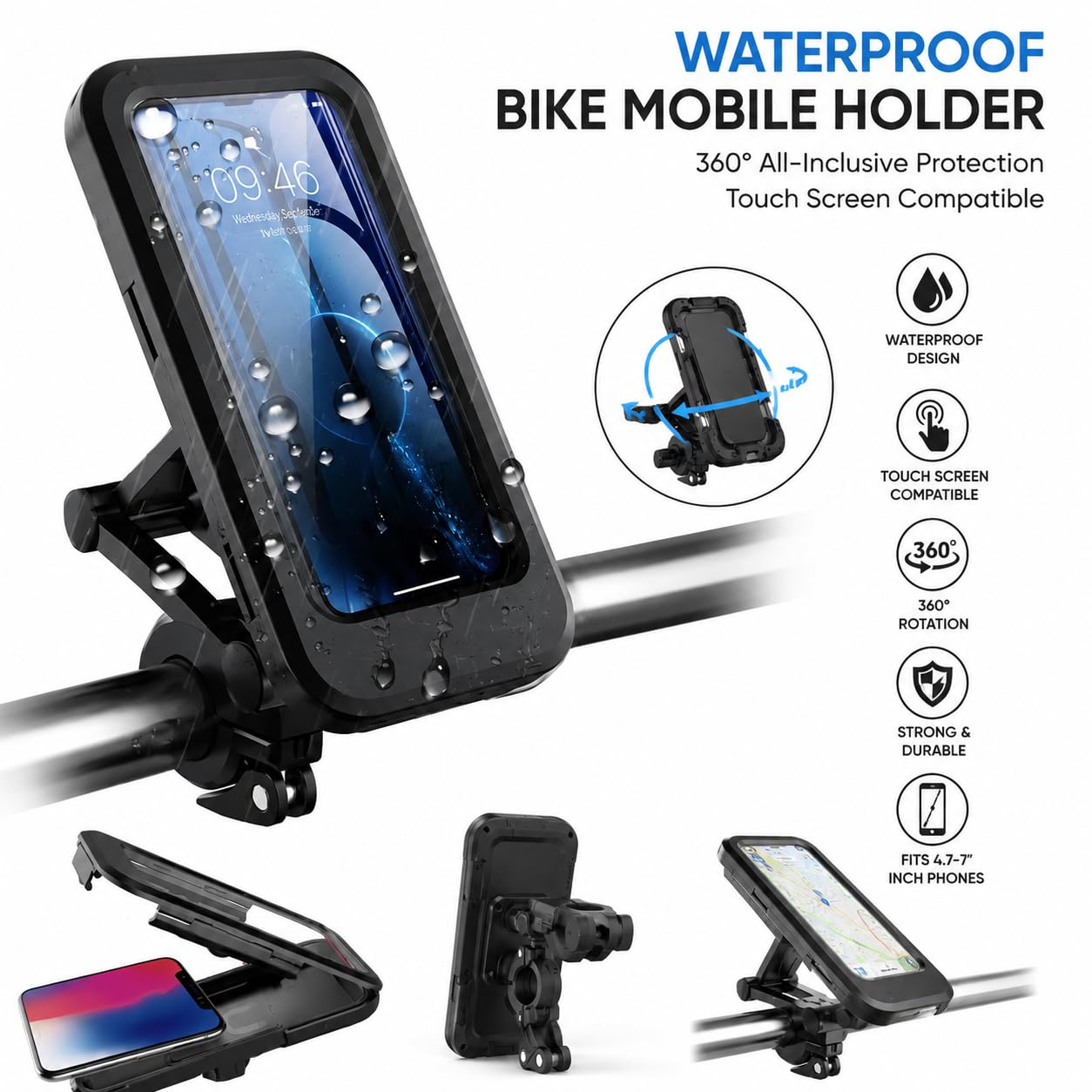 20869 Waterproof Motorcycle Phone Holder, Bike Mobile Holder with Touch Screen, 360° Rotation Metal Handlebar Mount, Universal Mobile Stand for Bicycle, Scooter & Bike