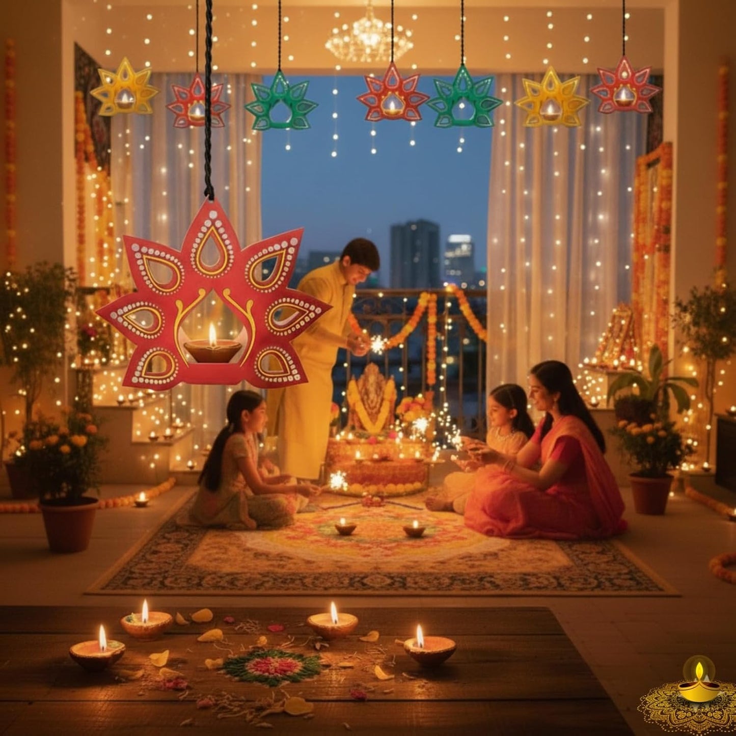 KCH 3087 {Pack of 10} Hanging Festive Mystic Multicolor Printed Paper Lanterns for Home/Office & Many Festive Diwali
