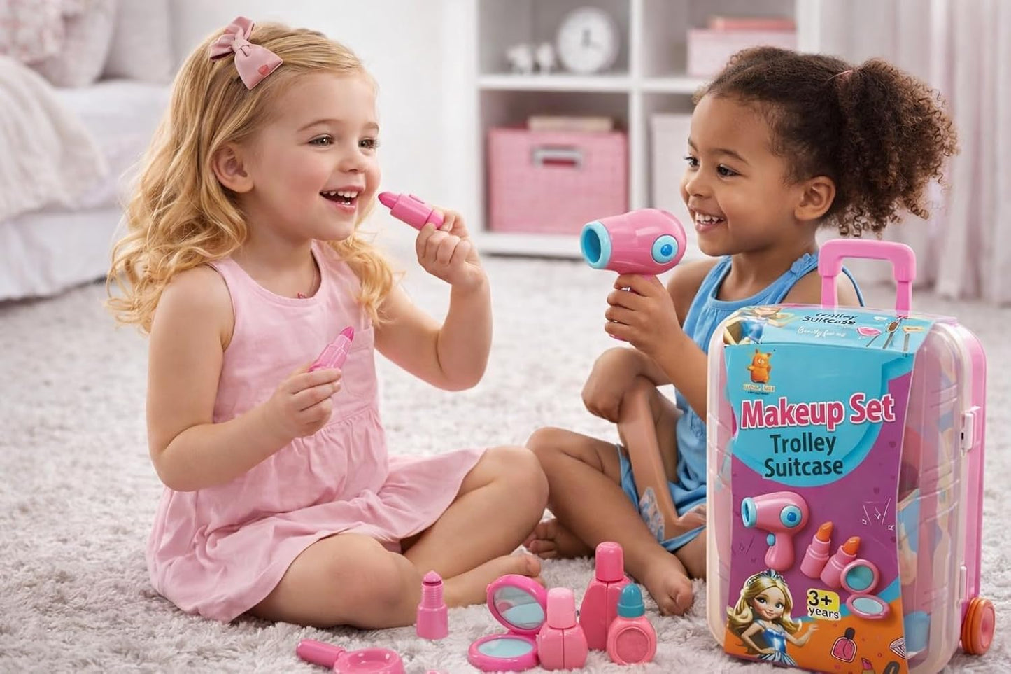 20360 Kids Makeup Set Trolley Suitcase for Girls – 15 Pieces Pretend Play Beauty Kit with Toy Hair Dryer, Lipsticks, Mirror & Accessories, Role Play Makeup Toy, Gift for Girls