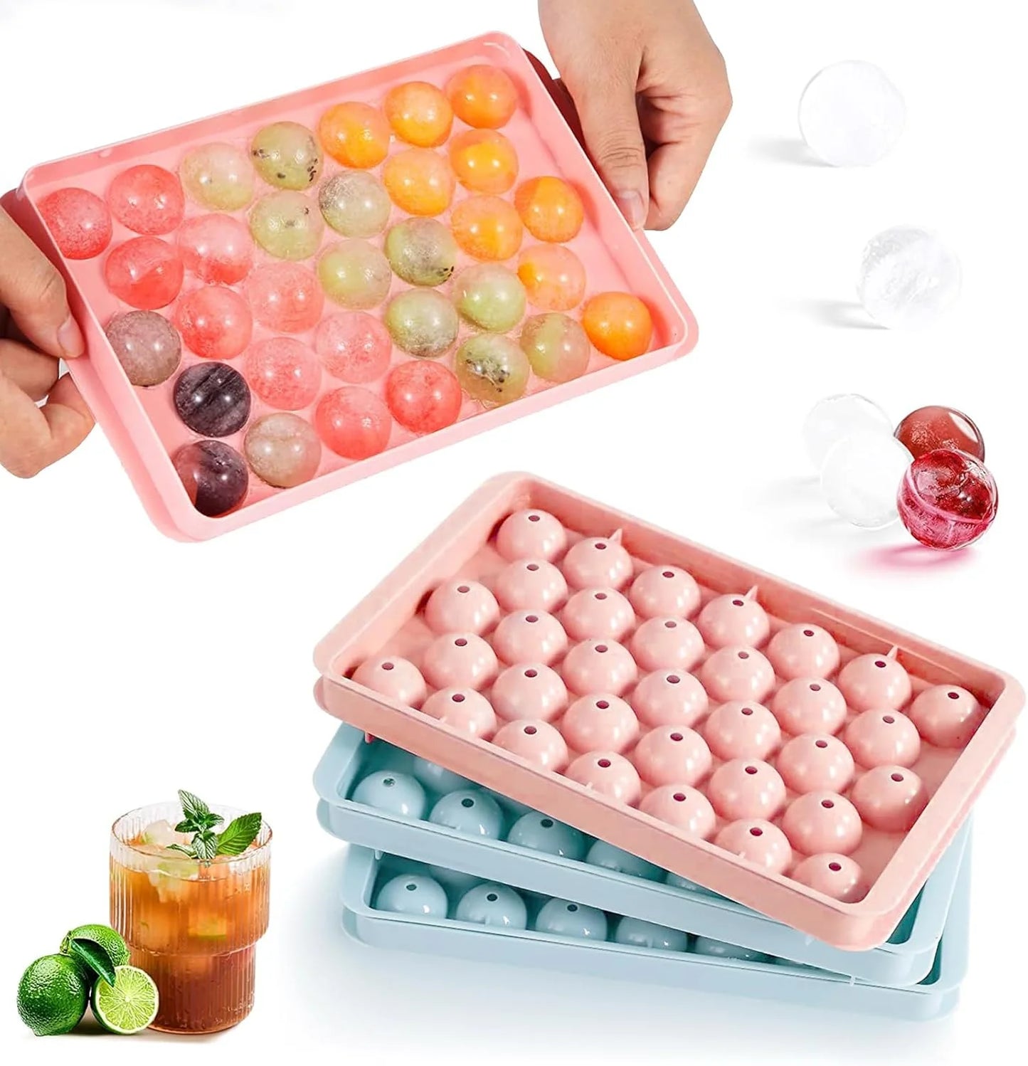 10310 Silicone Ice Cube Trays, Round Silicone Ice Cube Tray with Lid, 33 Compartments Ice Cube Tray for Freezer, Cocktails, Whisky, Tea and Coffee