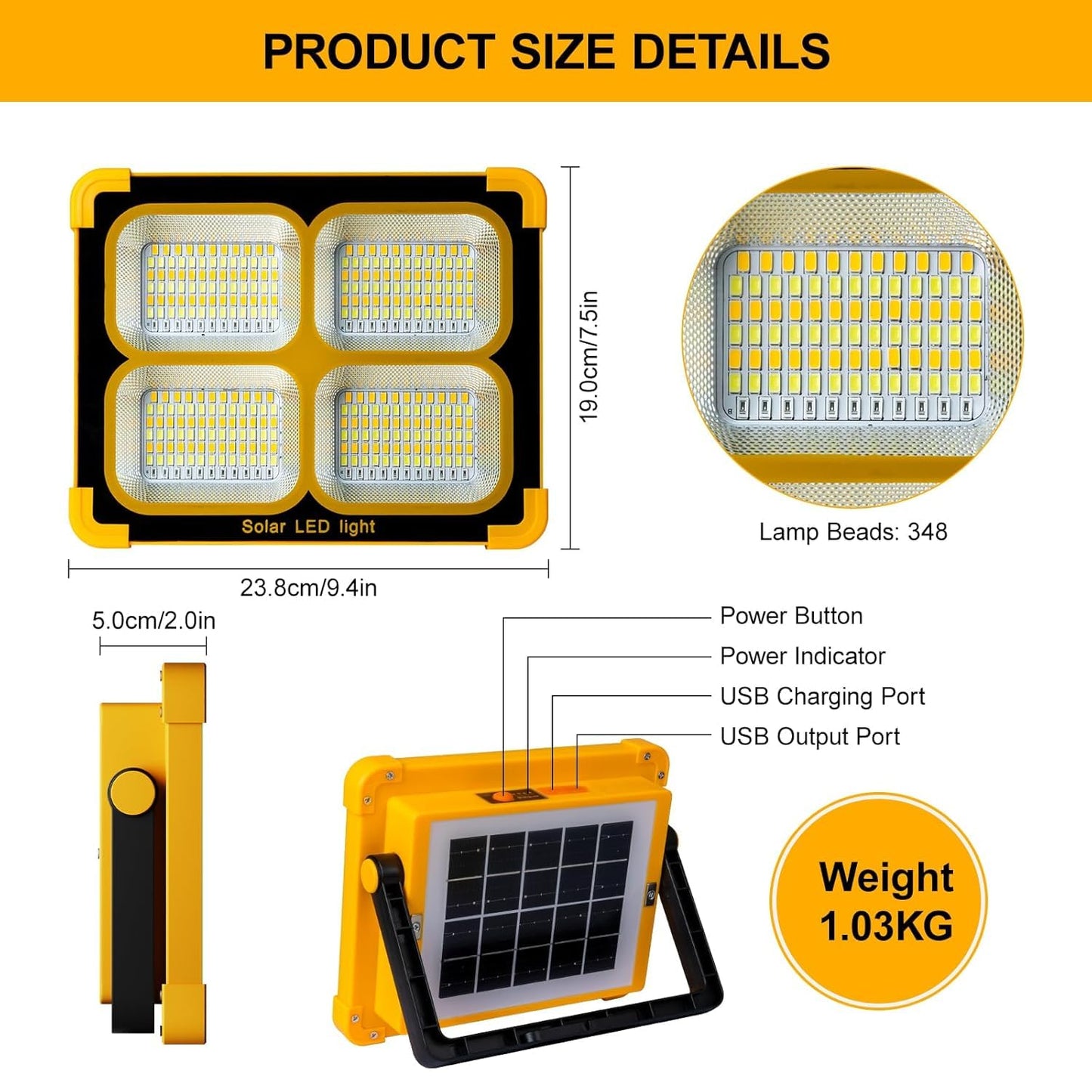 20027 Construction Spotlight Battery Solar Light Portable, 10000LM 12000mAh Battery Work Light USB Rechargeable, 4 Light Modes
