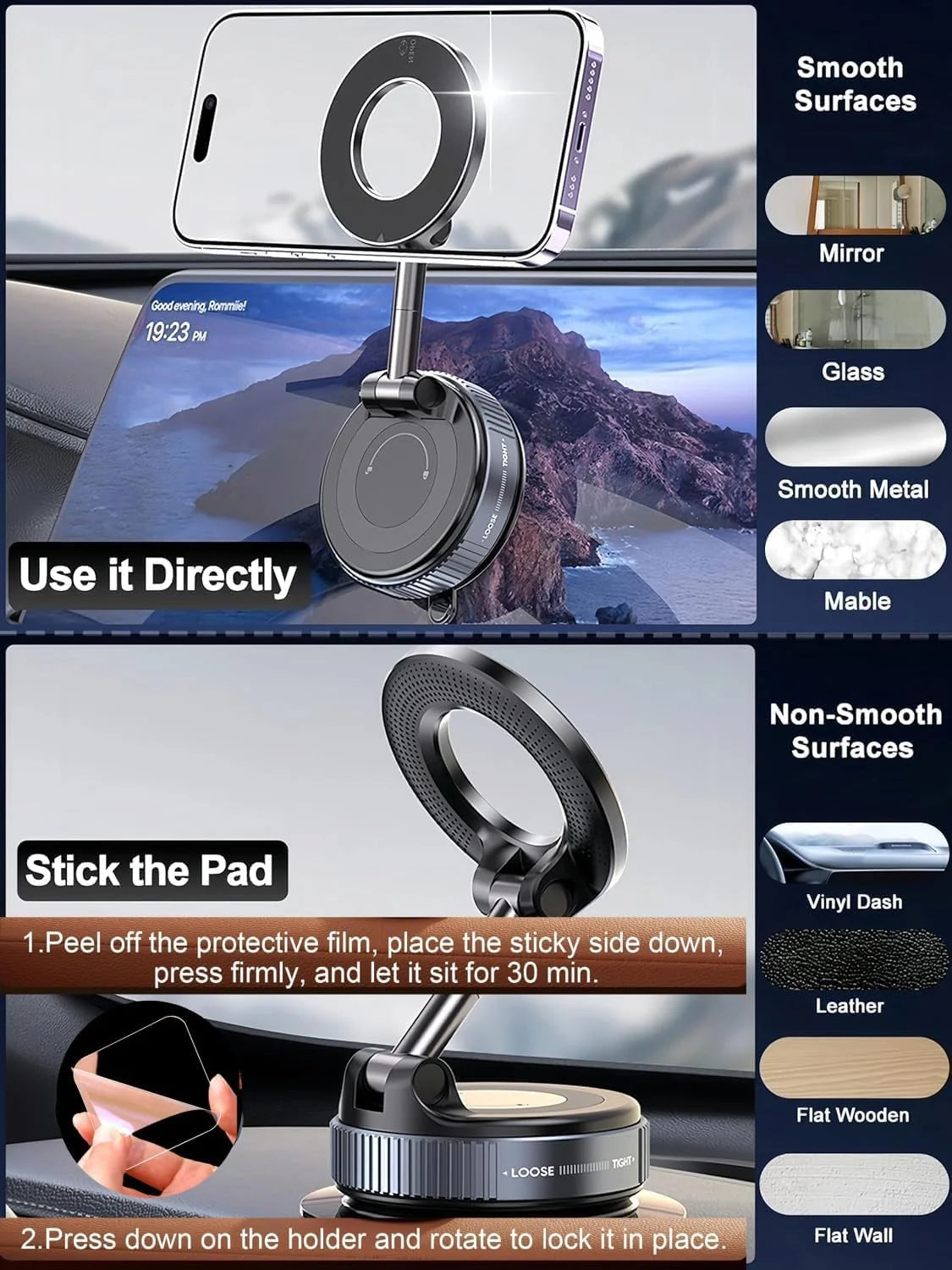 K007 360° Vaccum Magnetic Phones Holder, Magnetic Car Phone Mount, Hands-Free Suction Cup Phones Holder for Car/Gym/Mirror/Shower