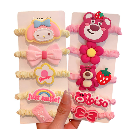 20164 Pack of 5 Hair Tie Rope Set for Girls, Cute Strawberry Bear and Star Dai Bowel Rubber Band Style Hair Accessories (Multicolor)