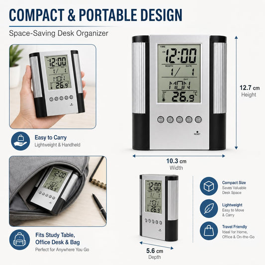 21105 Digital Clock Pen Holder for Smart Desk Setup, LCD Time Calendar Temperature Display & Alarm