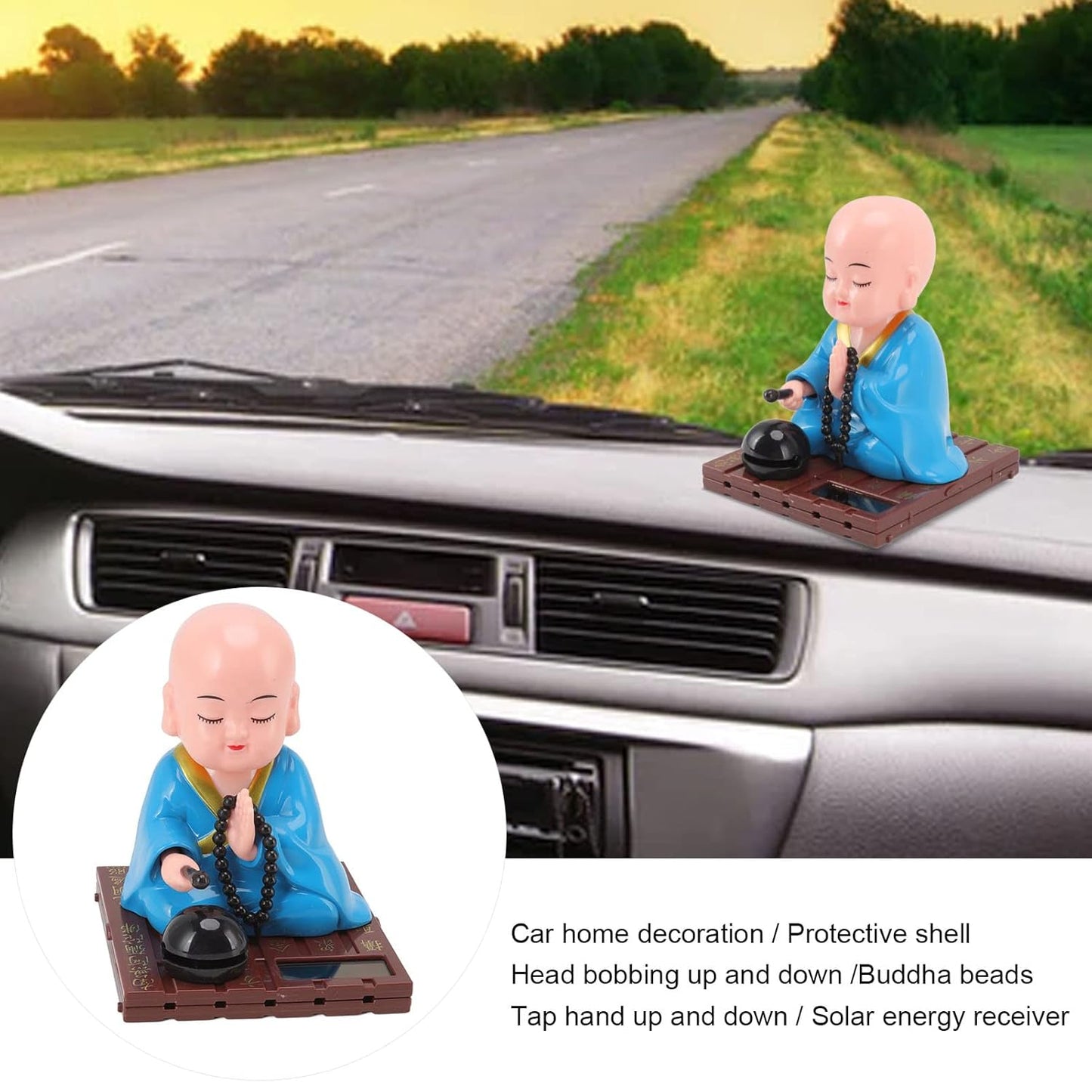 20594 Little Monk Figurine, Solar Chinese Little Buddha Monk Statue, Bring Good Fortune Decoration Ornament, Funny Car Shaking Head Toy
