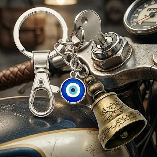 20504 Biker Guardian Bell & Evil Eye Keychain – Good Luck Charm for Protection from Bad Luck – Gift for Riders & Travelers