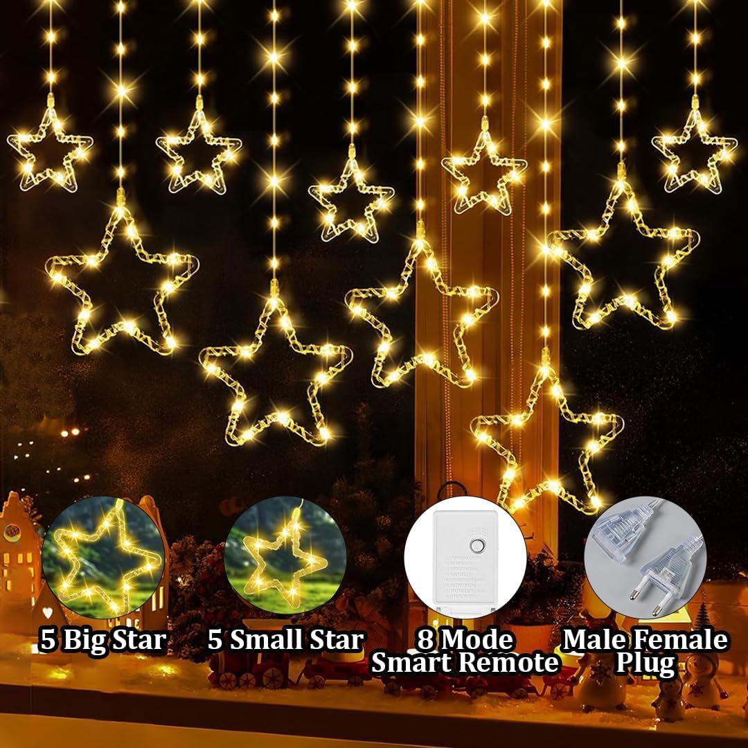 TL-772 Diwali Star Light with 5 Big and 5 Small Stars Sights for Home Decor Curtain LED Star Light for Home Decoration Star Lights for Festivals Led Light (Golden)