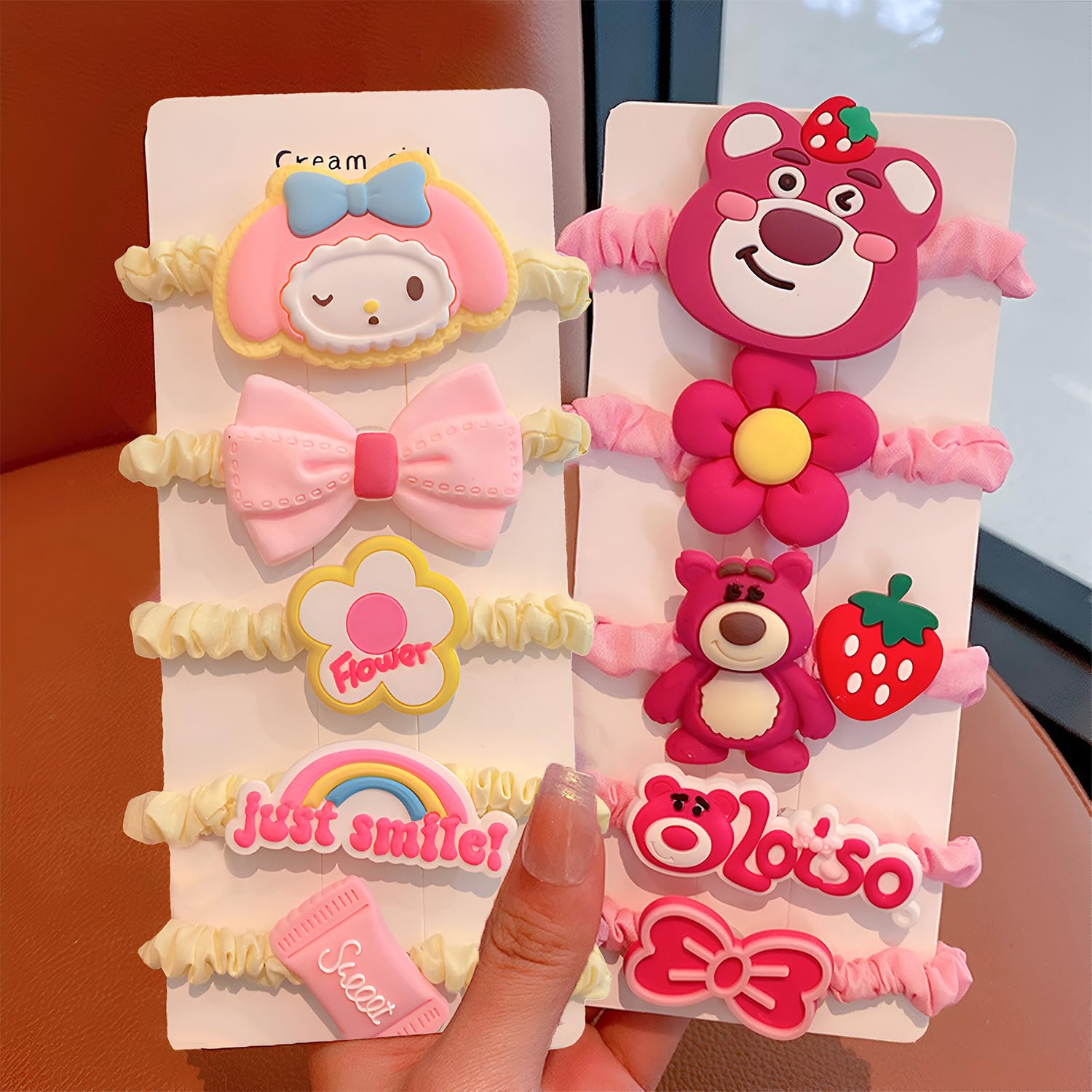 20164 Pack of 5 Hair Tie Rope Set for Girls, Cute Strawberry Bear and Star Dai Bowel Rubber Band Style Hair Accessories (Multicolor)