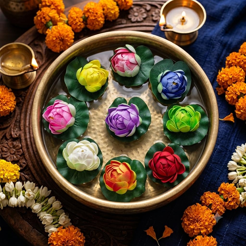 21355 12 Pcs Artificial Floating Lotus Flowers for Wedding Or Party Decoration Bowl, Floating Water Bowl Plants, Flora Living Room Diwali Festival, Pool, Home, Garden & Temple Decor