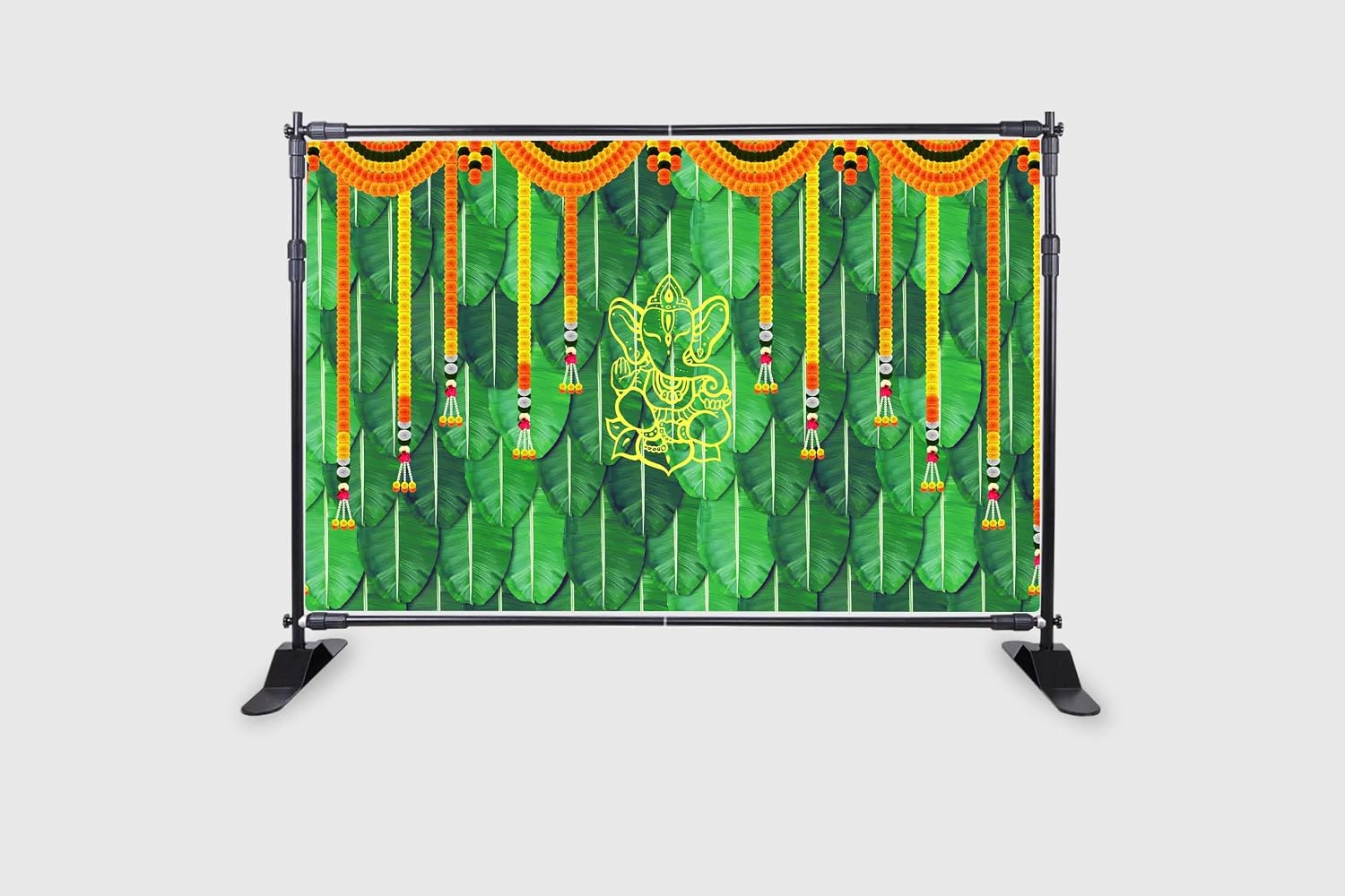 PJD-371 Backdropon Banana Leaf and Hanging Flower with Yellow Ganeshji Design Backdrop for Pooja Decoration Traditional/Background Curtain Cloth for Pooja/Festival Size 5 Feet Height and 8 Feet Width(5 * 8)