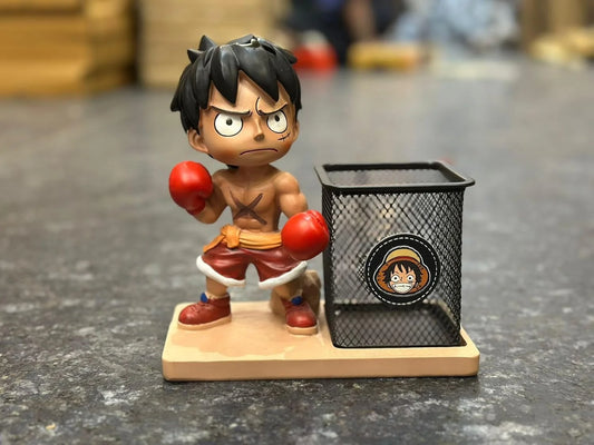 HBC-188826 MAGIC WOOD Creative Anime-Inspired Desk Organizer Featuring a Boxing Figurine of Luffy from One Piece with a Matching Pen Holder