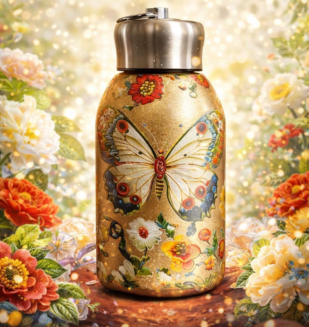 20568 Stainless Steel Small Water Bottle 300ML, Stylish & Portable Mini Insulated Thermos Cup, Butterfly Pattern Water Bottle for Vacuum Flask Hot & Cold Drinks for Gym