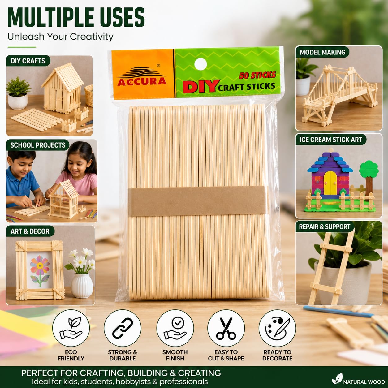 20941 DIY Craft Sticks Pack of 50 | Natural Wooden Ice Cream Sticks for Art & Craft, School Projects, Model Making, Decoration, Popsicle Stick, DIY Activities & Kids Creative Learning