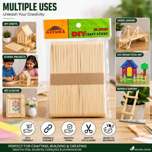 20941 DIY Craft Sticks Pack of 50 | Natural Wooden Ice Cream Sticks for Art & Craft, School Projects, Model Making, Decoration, Popsicle Stick, DIY Activities & Kids Creative Learning