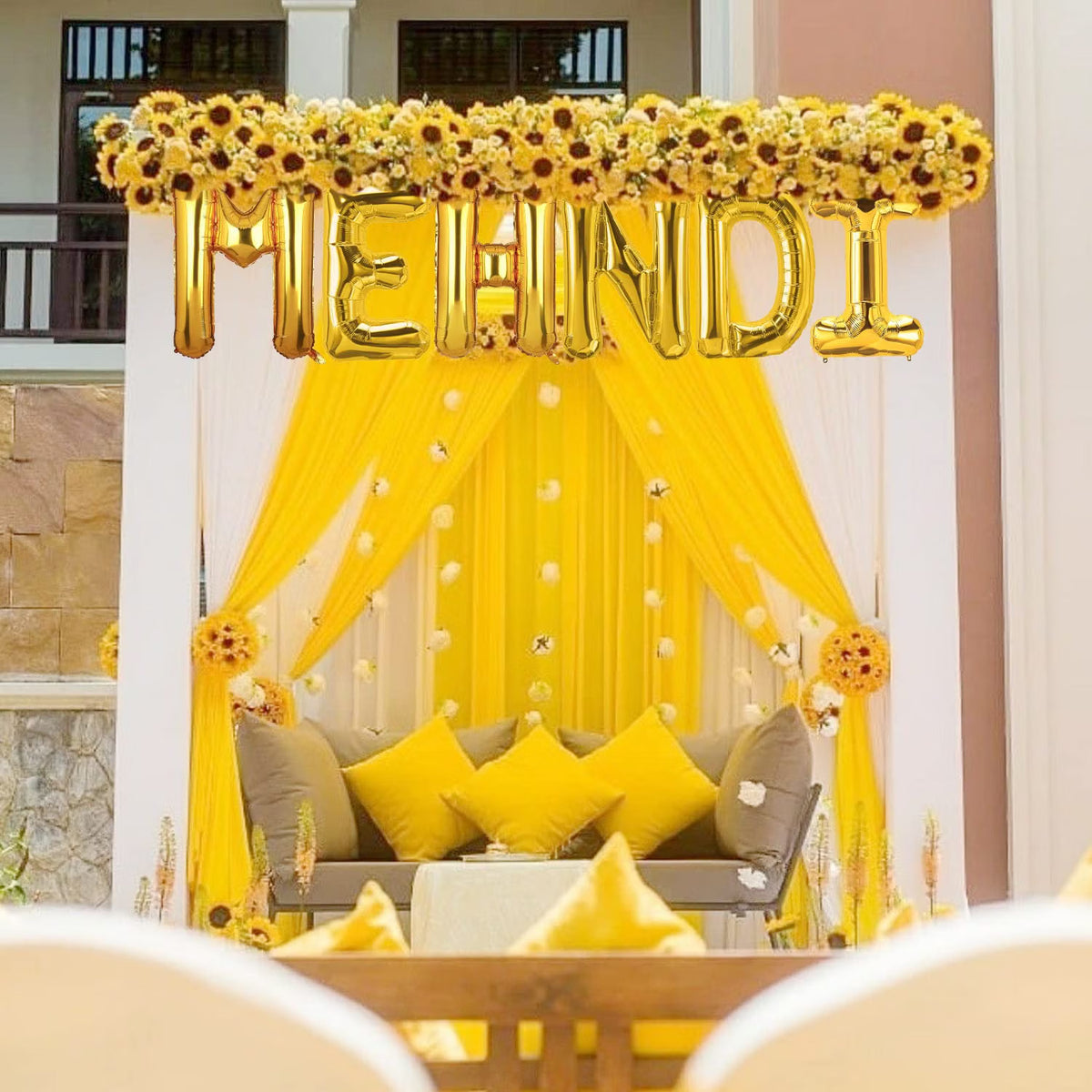 21260 CheersCo Golden MEHNDI Foil Letter Balloon Decoration for Mehndi Ceremony, Wedding Events, Haldi, Engagement Parties, Sangeet, and Pre-Wedding Functions for Boys and Gilrs_