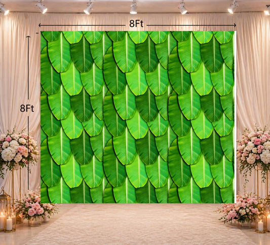 PJD-398  Green Banana Leaf Printed Backdrop Cloth, Polyester, 8Ft x 8Ft, for Satyanarayan Pooja, Ganesh Chaturthi, South Indian Festival Decoration, Washable and Reusable