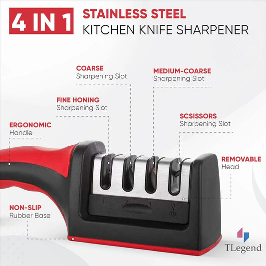 Rs-168 Knife Sharpeners for Kitchen Knives, Stainless Steel, 4 in 1 Ergonomic Knife Sharpening Kit