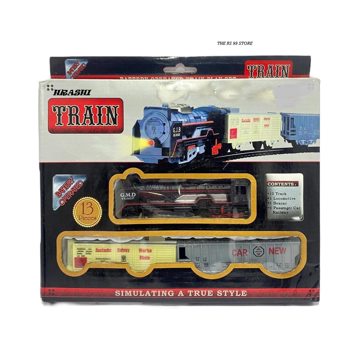 20085 Battery Operated Train Set with 10 Tracks, Locomotive, Boxcar, Passenger Car, 13 Pieces Railway Play Set, 25 x 20 cm
