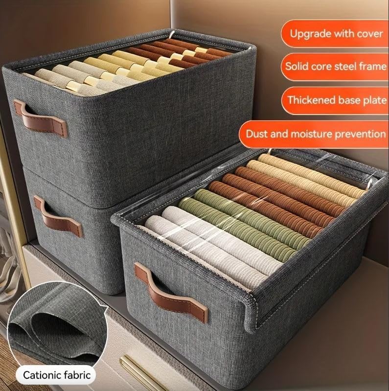 21093  Fabric Cloth Wardrobe Storage Organizer Box with Lid Handles Foldable Metal Frame with Rectangular Shelf Cloth Storage for Pants, Jeans, and Sweaters Size:47 x 28 x 20cm