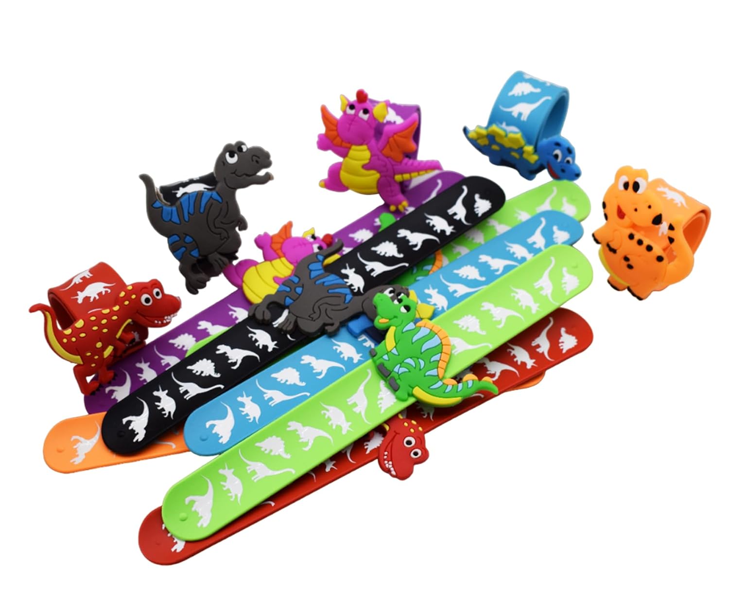 20600 {Pack of 12} Dino Theme Cartoon Slap Band Bracelets Silicone Wristbands Party Supplies Kids {Random Color}