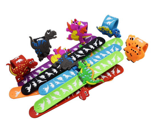 20600 {Pack of 12} Dino Theme Cartoon Slap Band Bracelets Silicone Wristbands Party Supplies Kids {Random Color}
