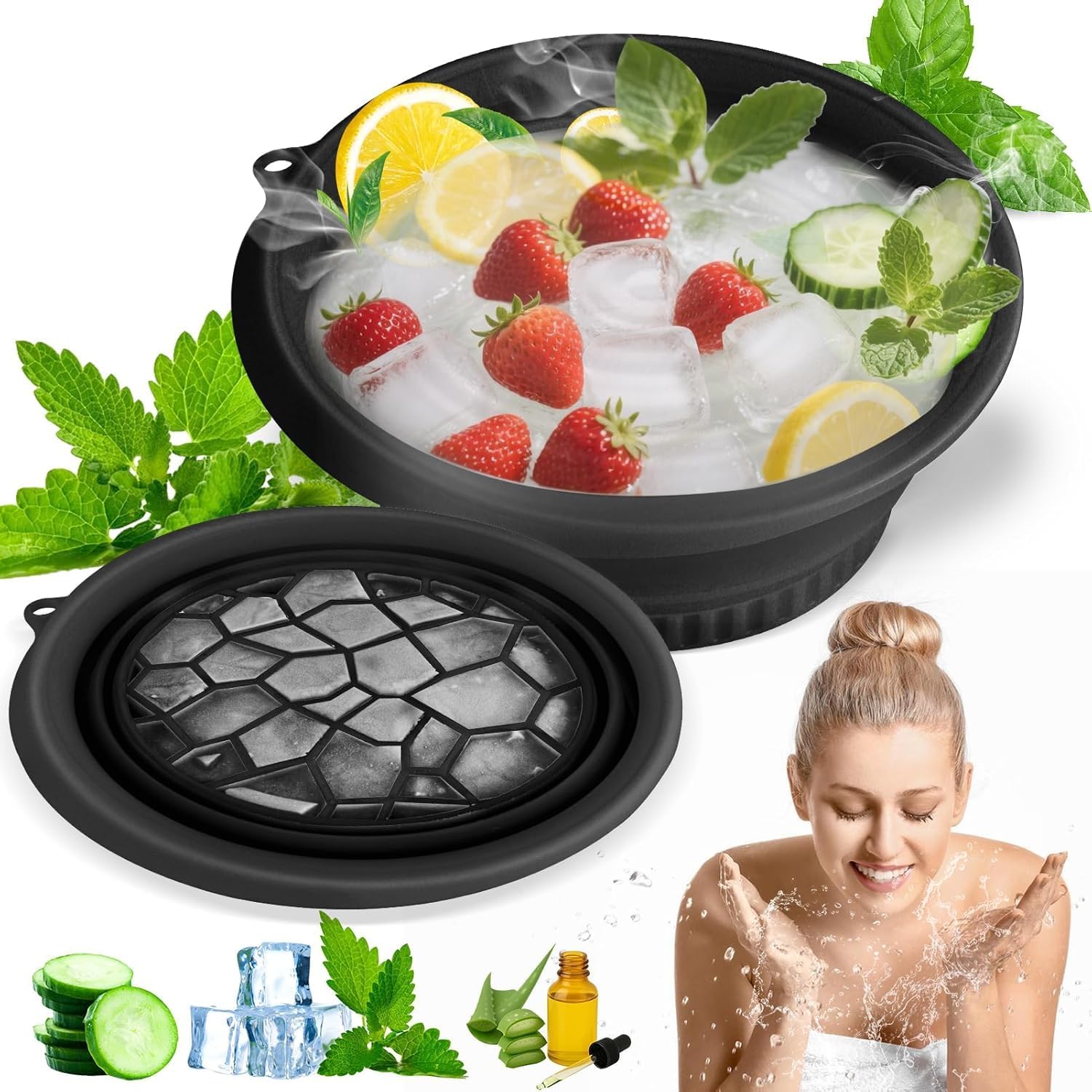 20577 Face Bowl for Ice with Built-in Ice Tray – Collapsible Silicone Facial Ice Bath Bowl for Cold Plunge Therapy
