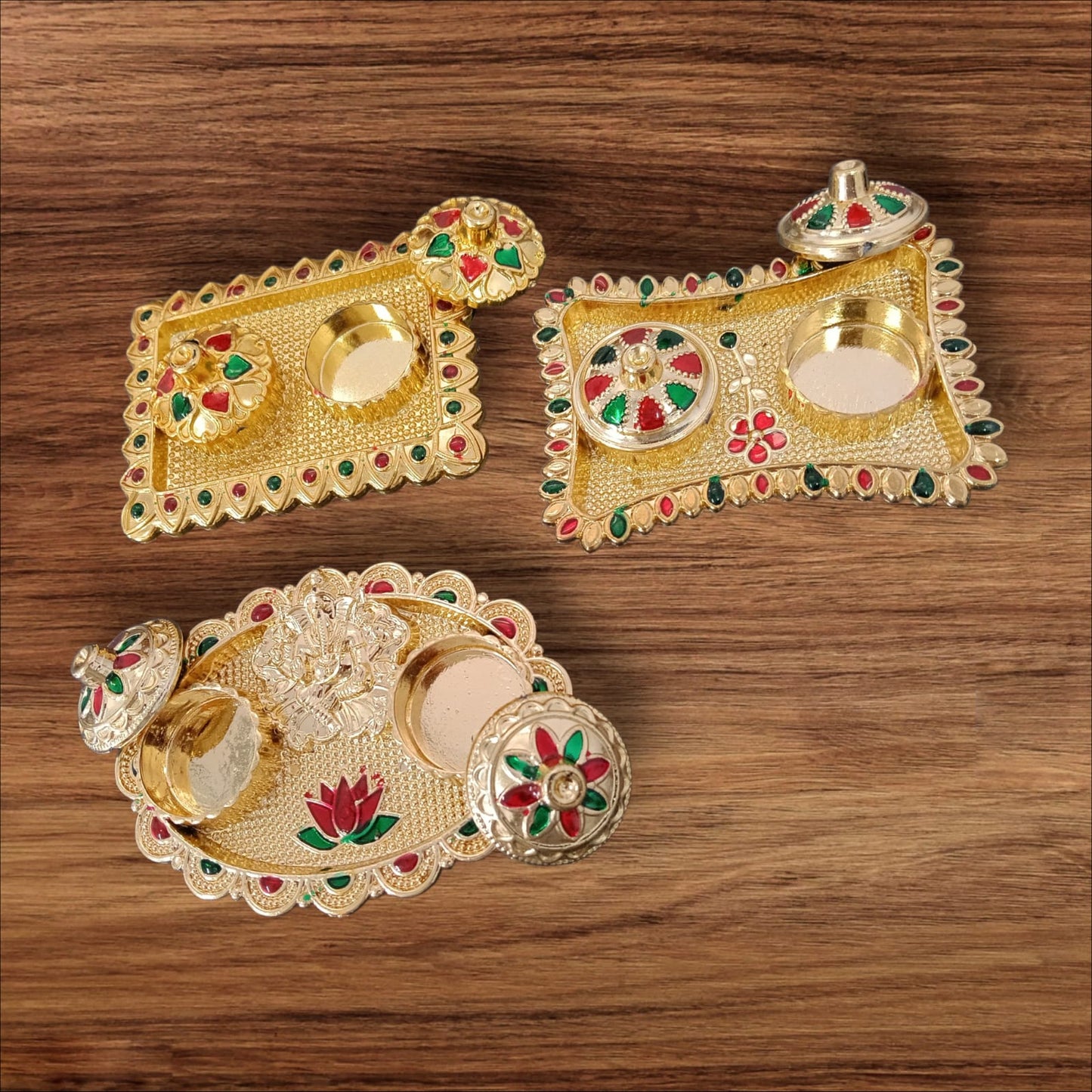 11362 Golden Decorative Akshata Haldi Kumkum Holder, Kankavati Pooja Items {Random Design}