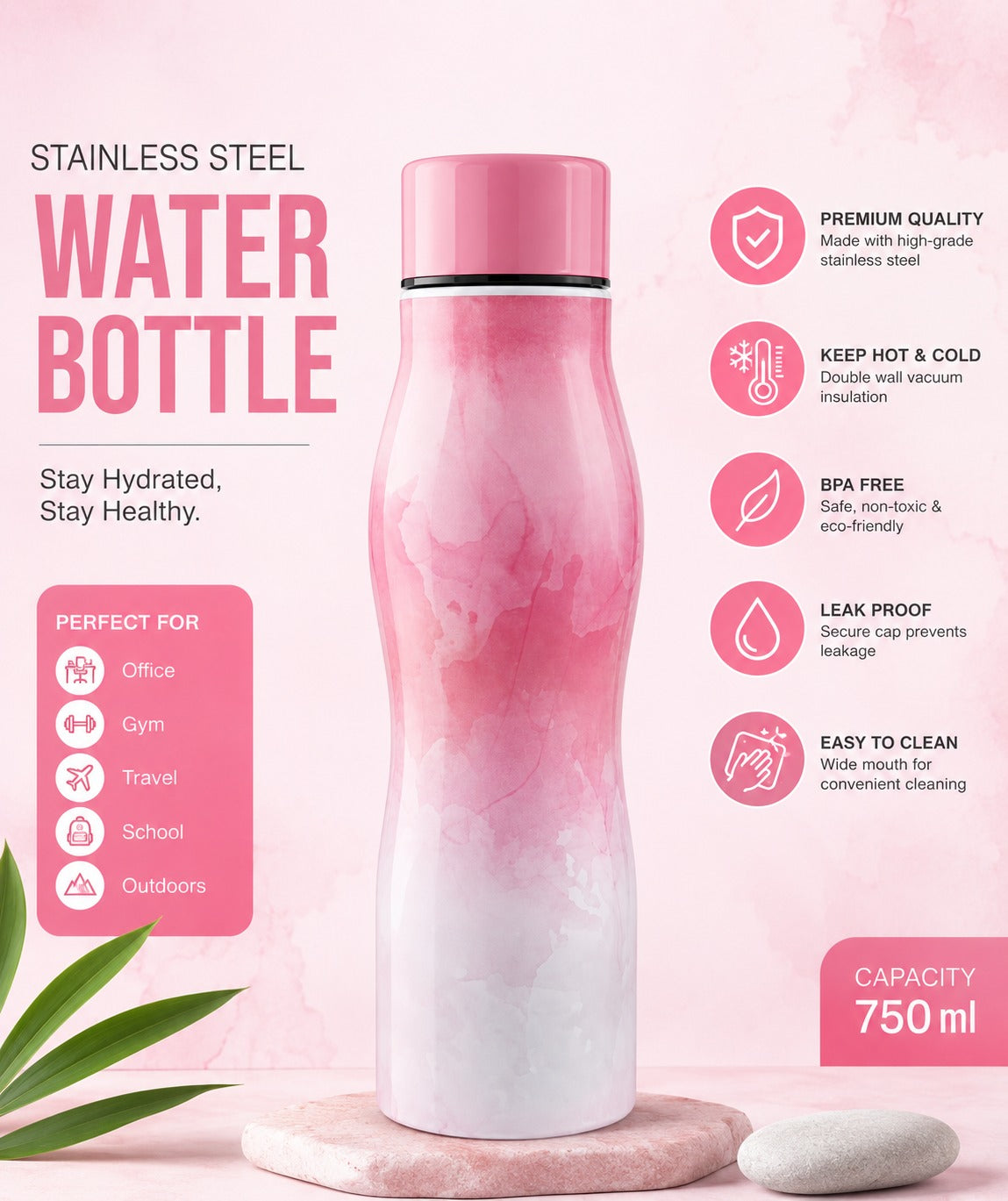 PX-12 Stainless Steel Stylish Water Bottle for Kids 1000 ml {Random Color}