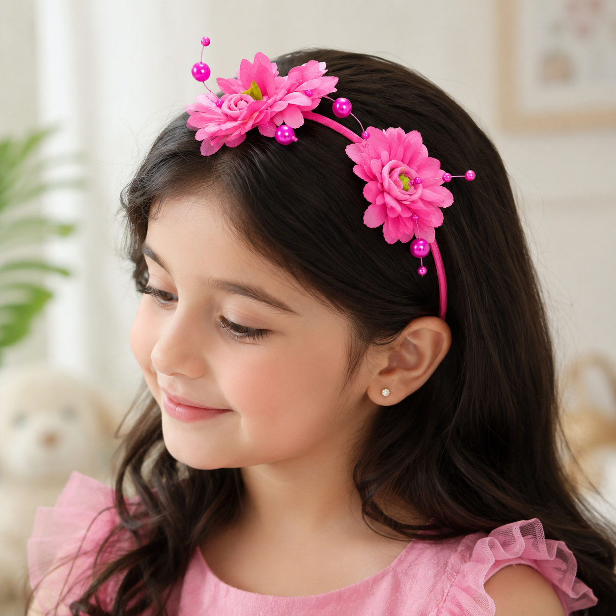 20901 {Pack of 12} Floral Pearl Hair Band for Girls (Red, White & Pink)