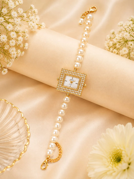 21076 Elegant Pearl Beaded Wrist Watch for Women & Girls – Stylish Gold-Tone Bracelet Watch