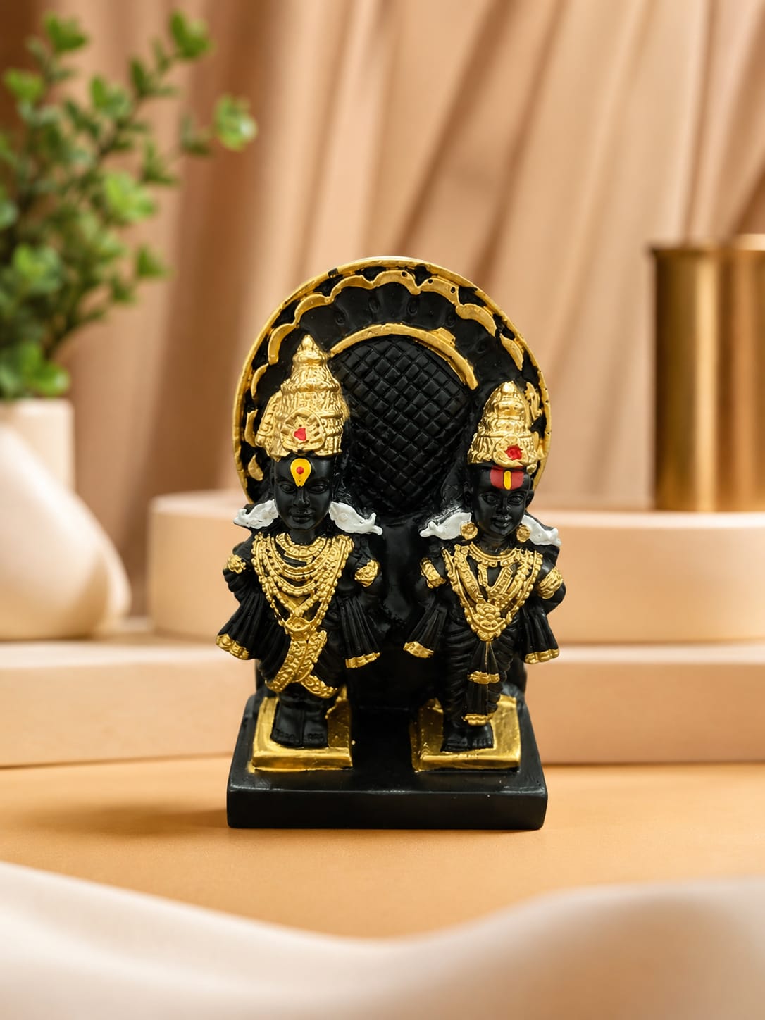 21134 lack Resin Vitthal Rukmini Idol with Decorative Arch | Premium Finish Hindu God Statue for Home Temple, Office & Gifting | Handcrafted Showpiece {size-9.5cm}