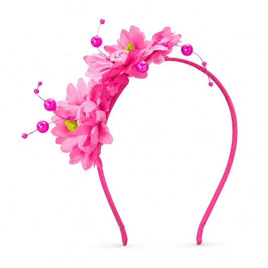 20901 {Pack of 12} Floral Pearl Hair Band for Girls (Red, White & Pink)