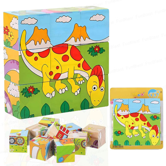 10764 3D Puzzle Wooden Cube Block 6 Face 9 Pieces with Storage Tray Kids 3+ Years