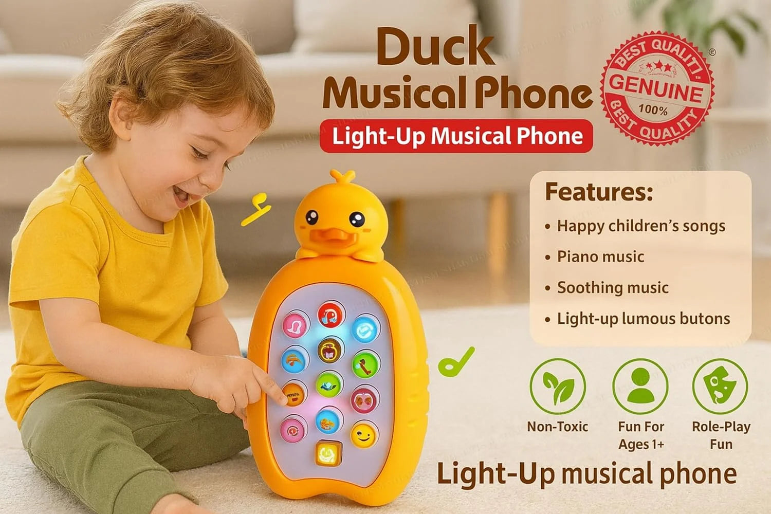 11175 Animal Musical Phone Toy with Light-Up Keys, Sound Effects, Children’s Songs, Educational Learning Toy for Kids 1Pc {Duck – Random Colour}