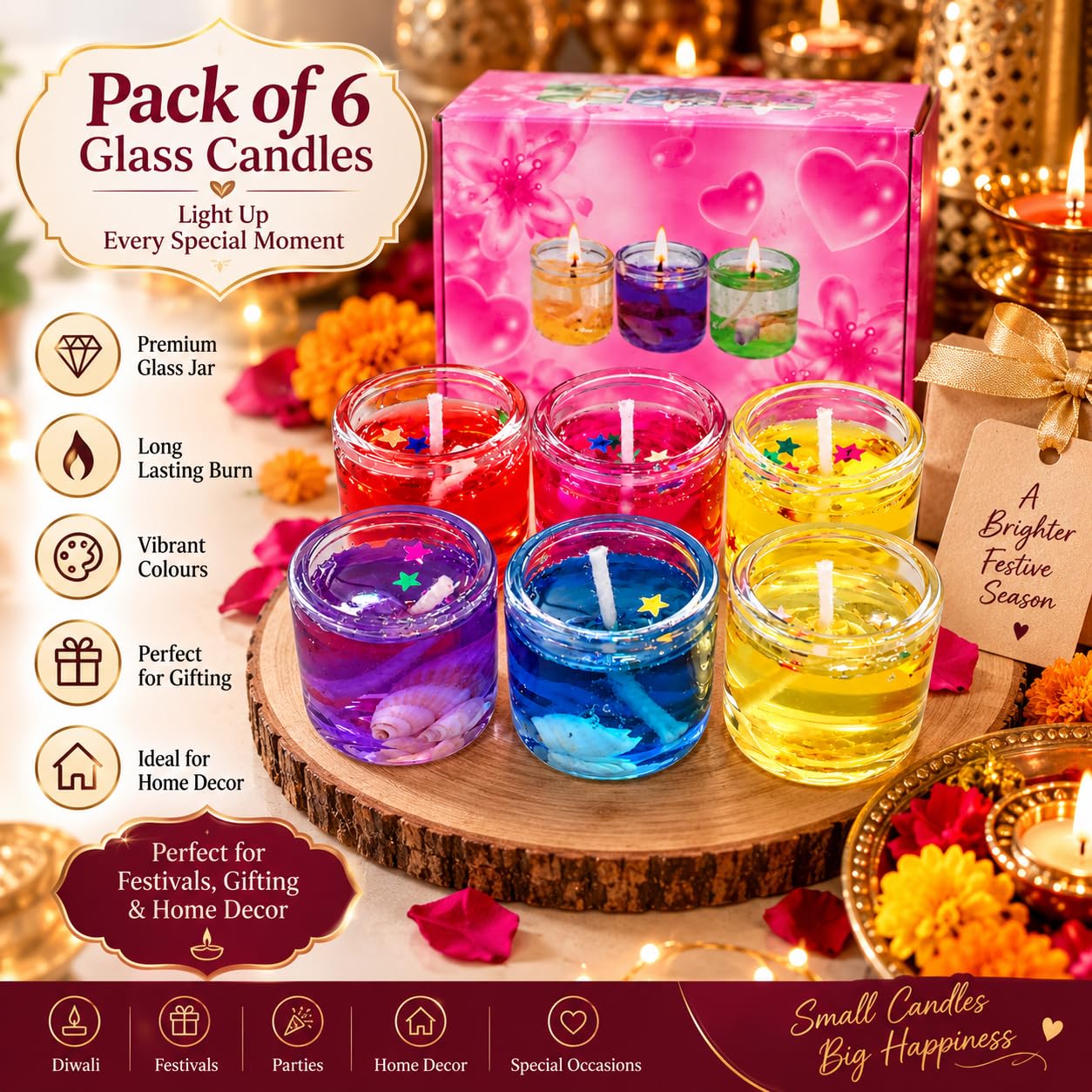 CD-5-1 Gel Candles Pack of 6 in Clear Glass Jars with Decorative Elements Assorted Vibrant Colors, Star & Shell Elements, Festive Decor, Home Decor Use, Diwali & Parties