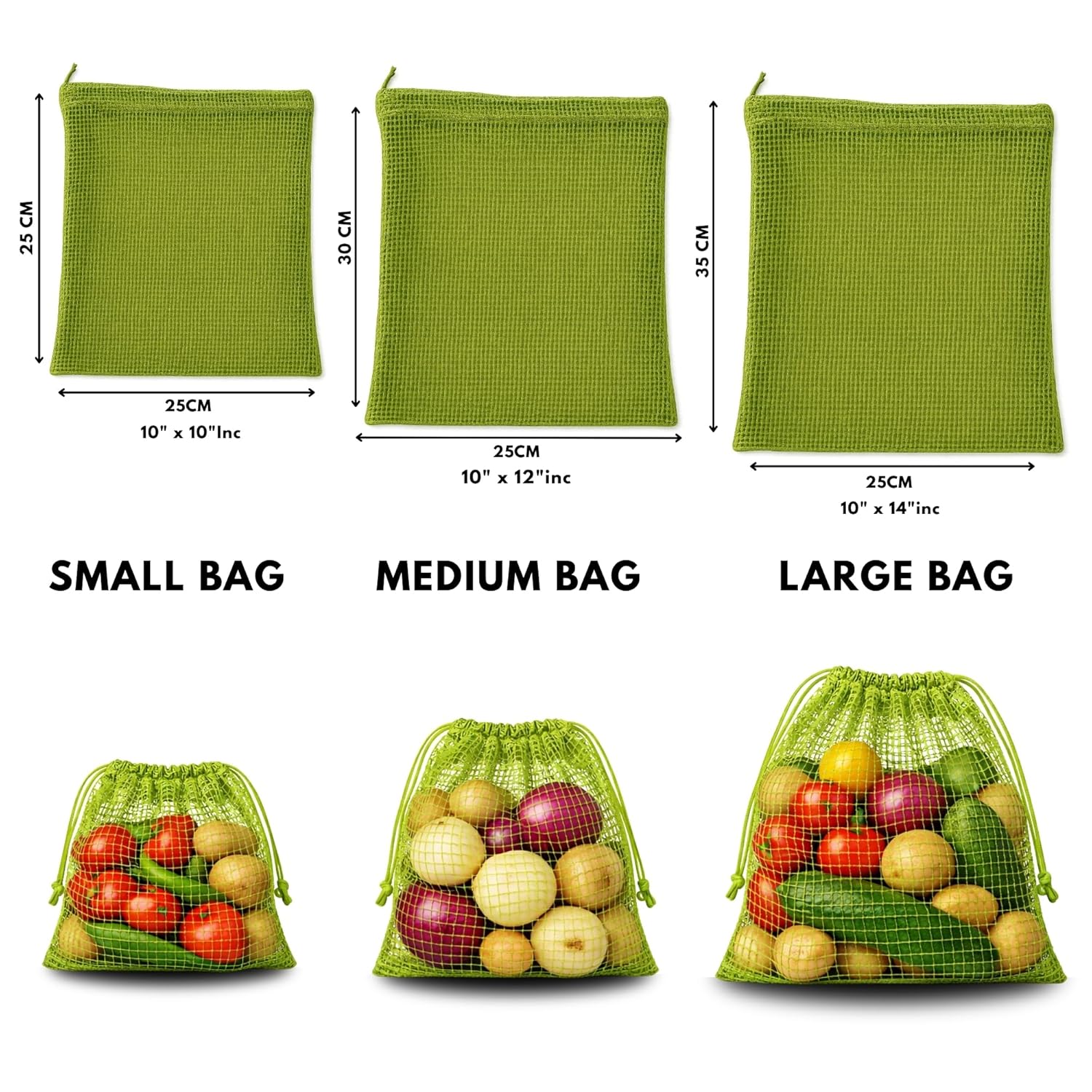 20860  {Pack of 3} Vegetable Bag for Fridge |  fridge storage bags for Fruits & Vegetables | Green Color | 3 Sizes | Reusable | Plastic-Free