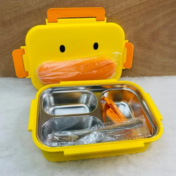 10669 Kids Bento Lunch Box, 316 Stainless Steel, 3-Compartment, Insulated Yellow Duck Design