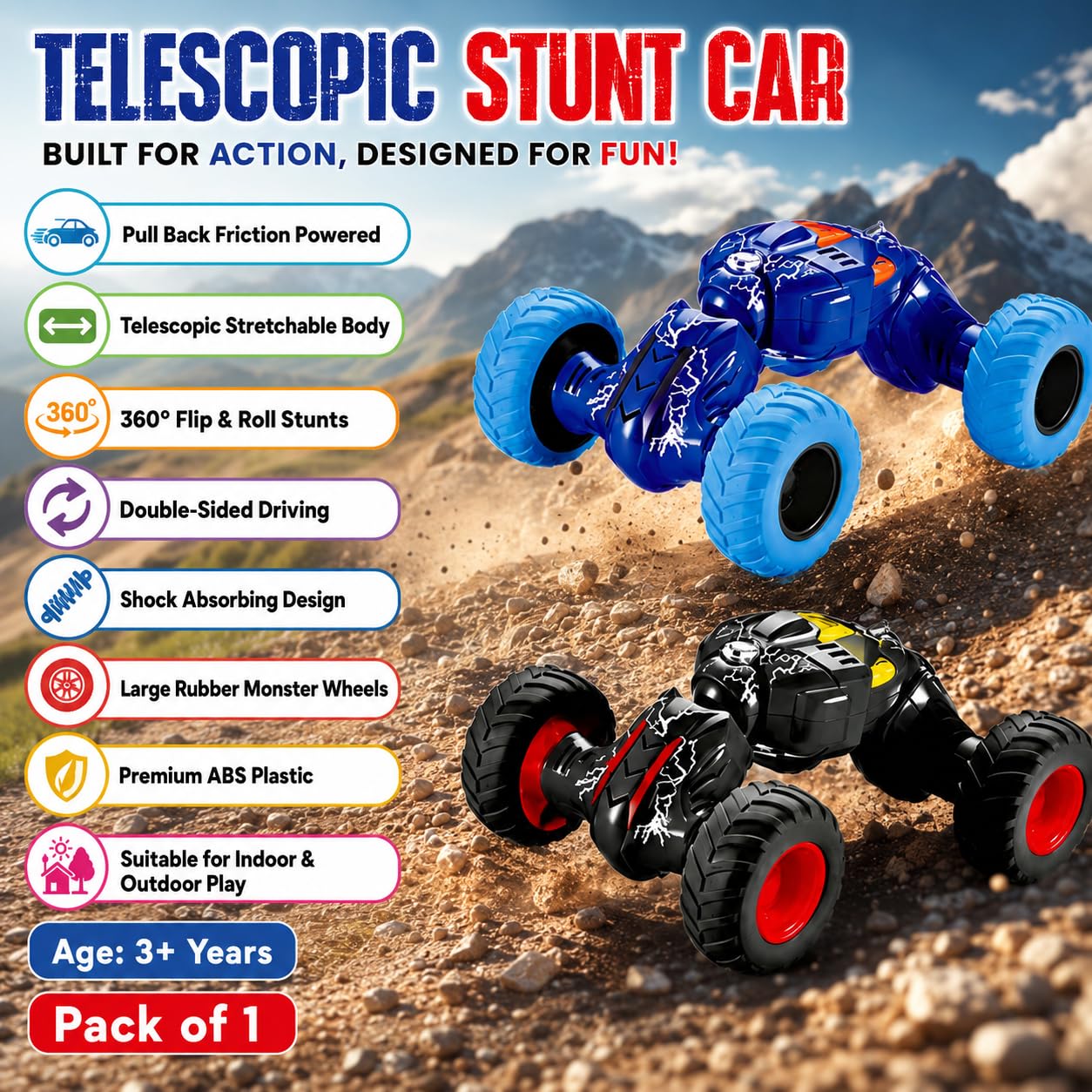 20922 Pull Back Monster Telescopic Stunt Car Toy for Kids 3+ | 360° Flip & Roll Action | Double-Sided Friction Powered Off Road Monster Truck, {Random Colour}