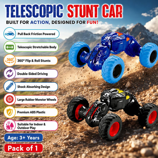 20922 Pull Back Monster Telescopic Stunt Car Toy for Kids 3+ | 360° Flip & Roll Action | Double-Sided Friction Powered Off Road Monster Truck, {Random Colour}