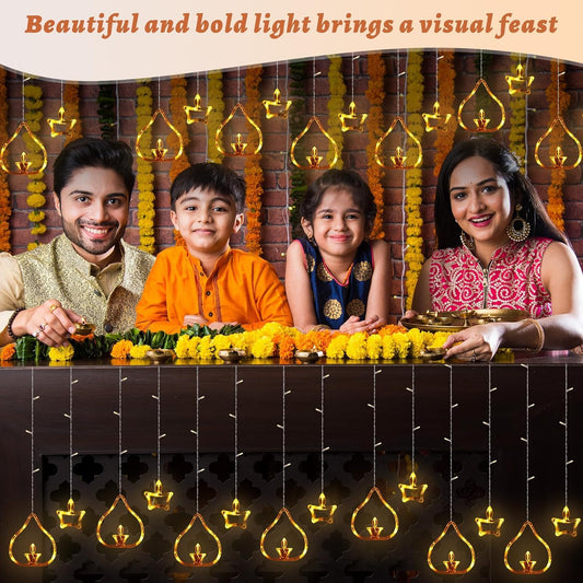 0520 Diya Lights Diwali String Curtain Lights – Warm White Indoor & Outdoor Lights for Home, Wall, Window, Indian Wedding, Garden