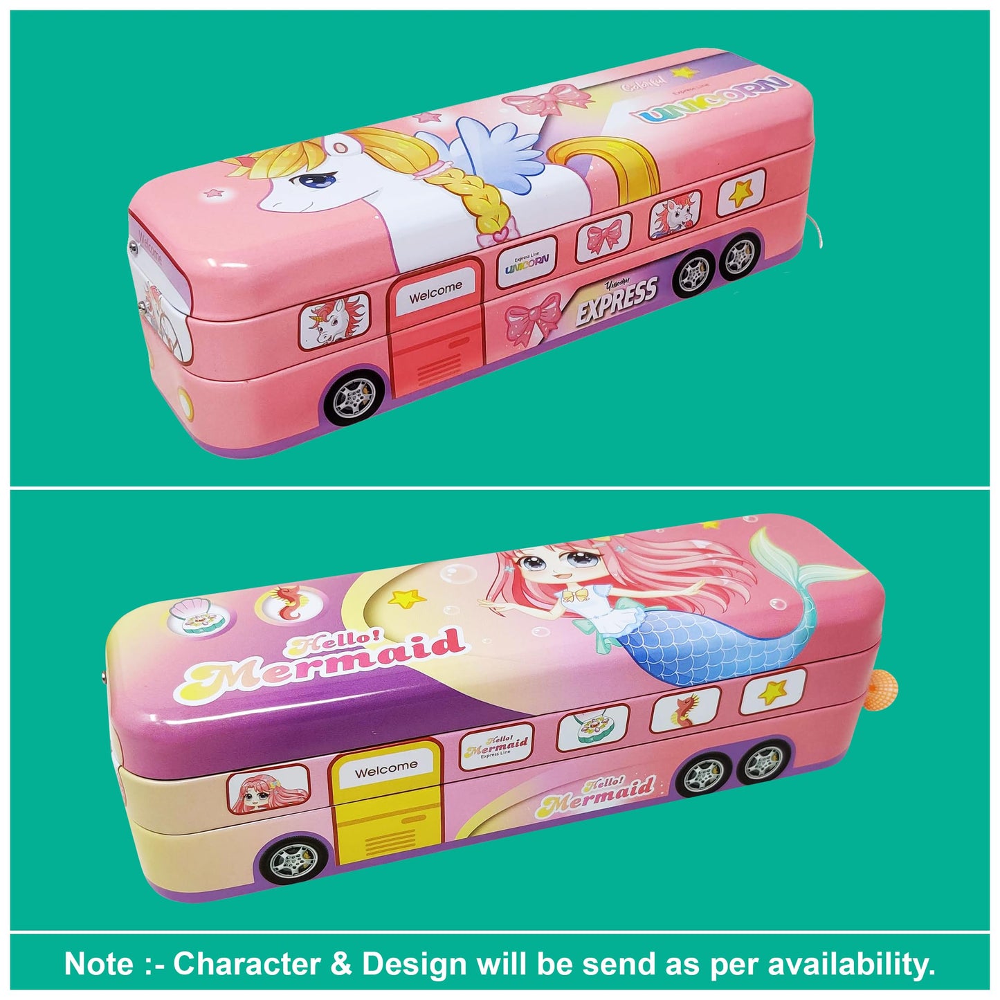 B-567-28 Random Design School Bus Metal Pencil Box for Kids