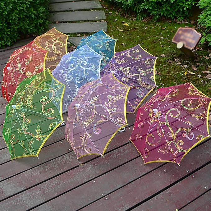 20419 Sequin Decor Gold Tone Edge Floral Pattern Mini Lace Parasol Umbrella for Party Decoration, Home Decor, Pre Wedding, Photoshoot Umbrella {Random Color}
