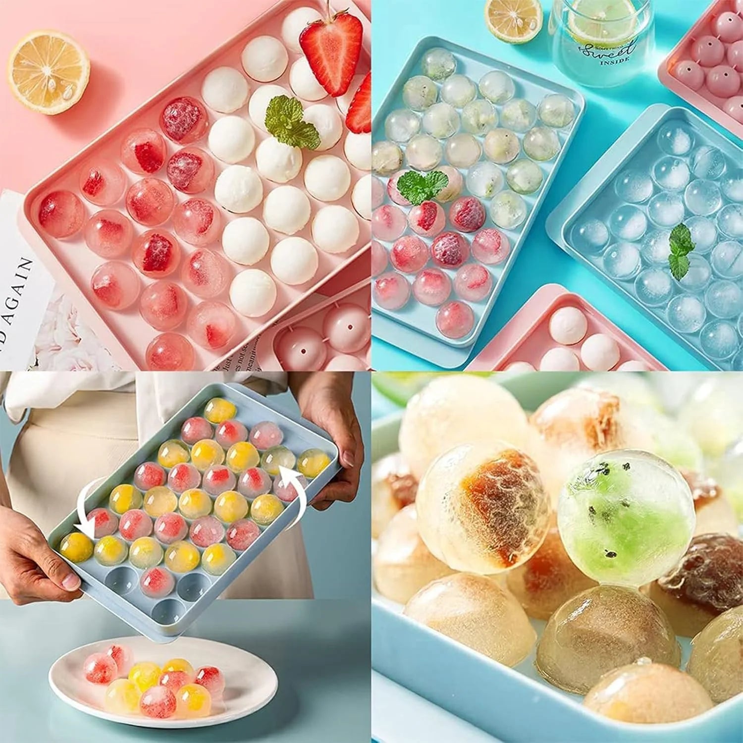 10310 Silicone Ice Cube Trays, Round Silicone Ice Cube Tray with Lid, 33 Compartments Ice Cube Tray for Freezer, Cocktails, Whisky, Tea and Coffee