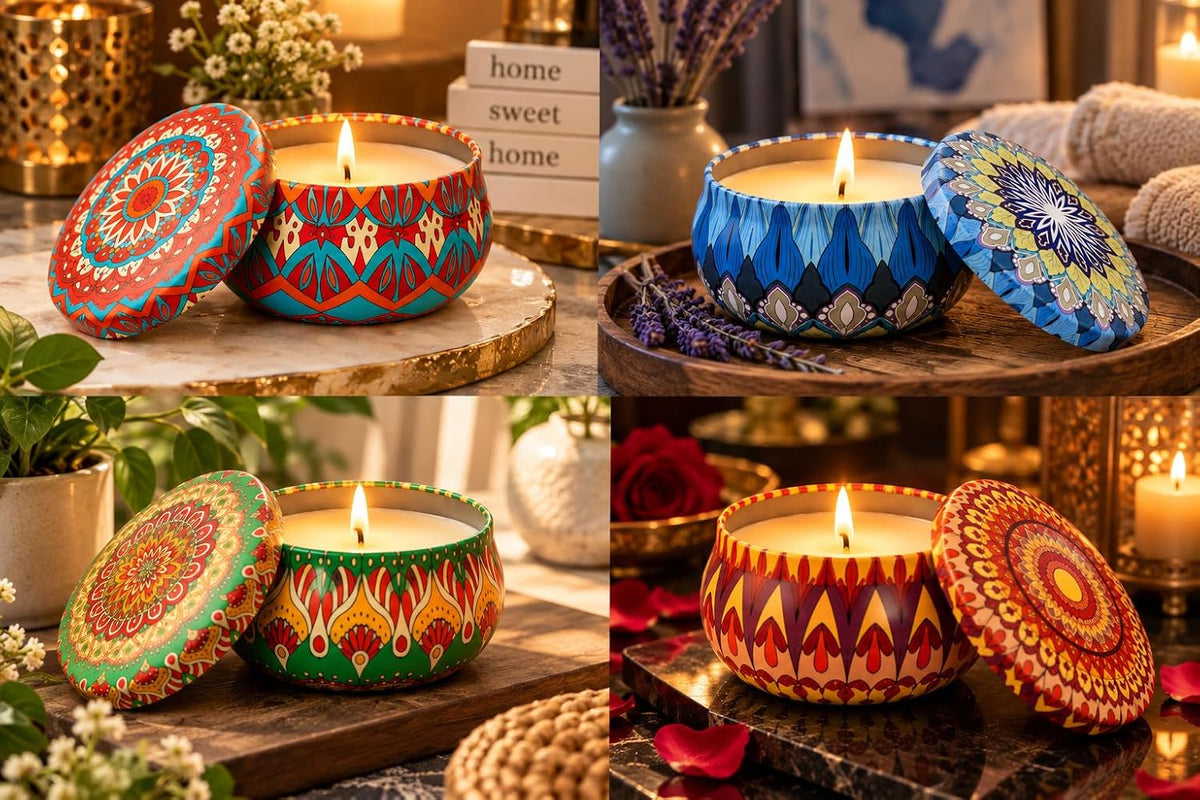 21359 Decorative Scented Candles in Designer Printed Metal Tins | Premium Aromatherapy Candles for Home Décor, Diwali & Gifting