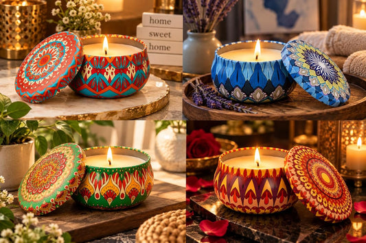21359 Decorative Scented Candles in Designer Printed Metal Tins | Premium Aromatherapy Candles for Home Décor, Diwali & Gifting