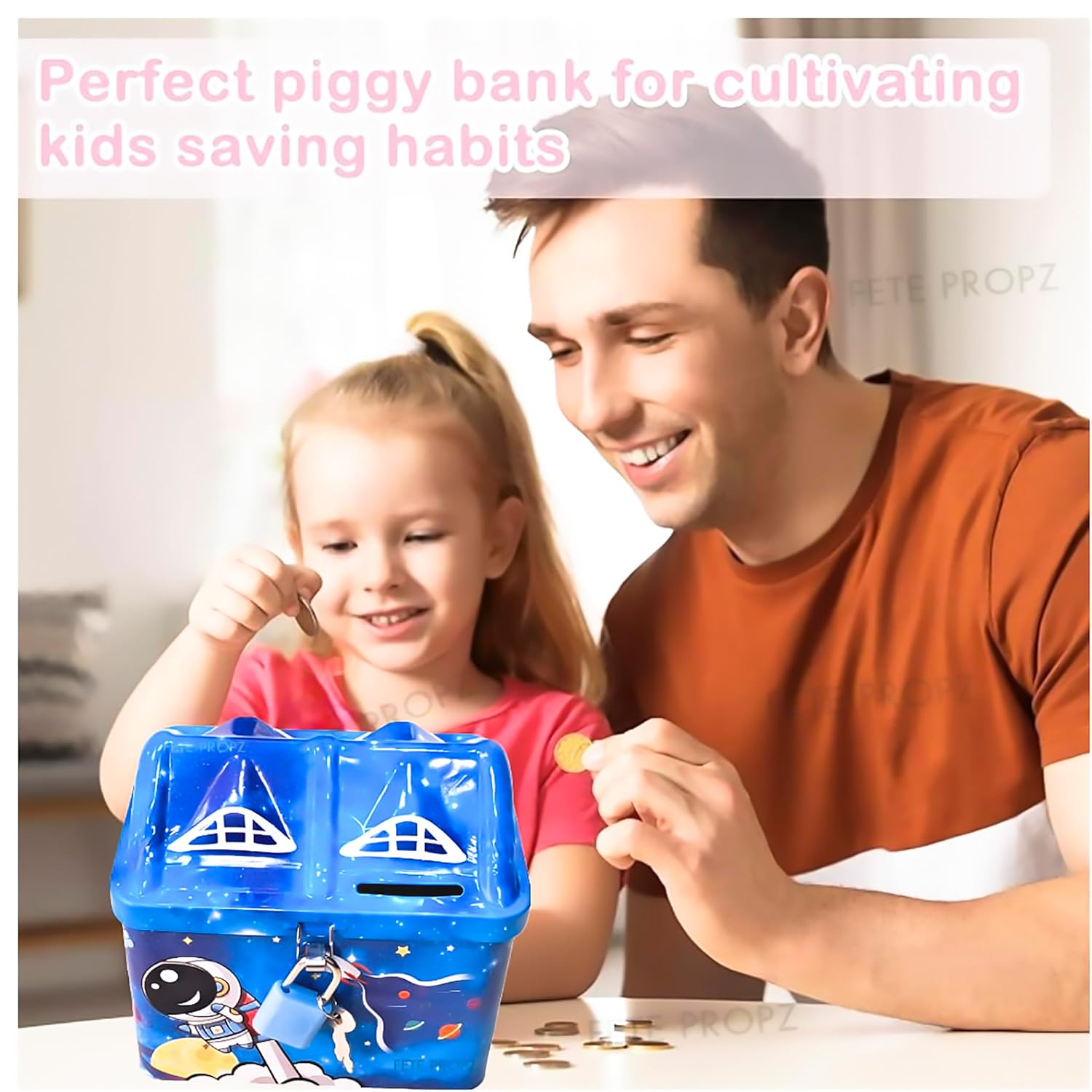 20732 Piggy Bank for Kids |Space Money Saving Tin Coin Bank with Lock and Key – Birthday Return for Boys & Girls, Money Bank {Random Color}