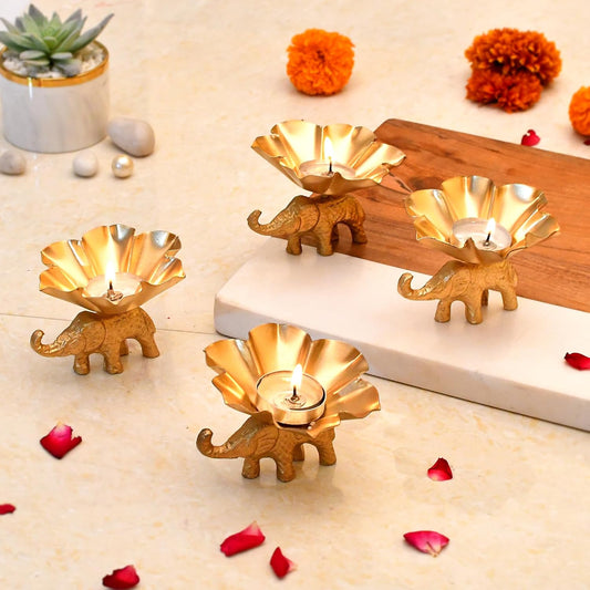 20429 Metal Flower Shaped Tealight Candle Holder with Elephant Base