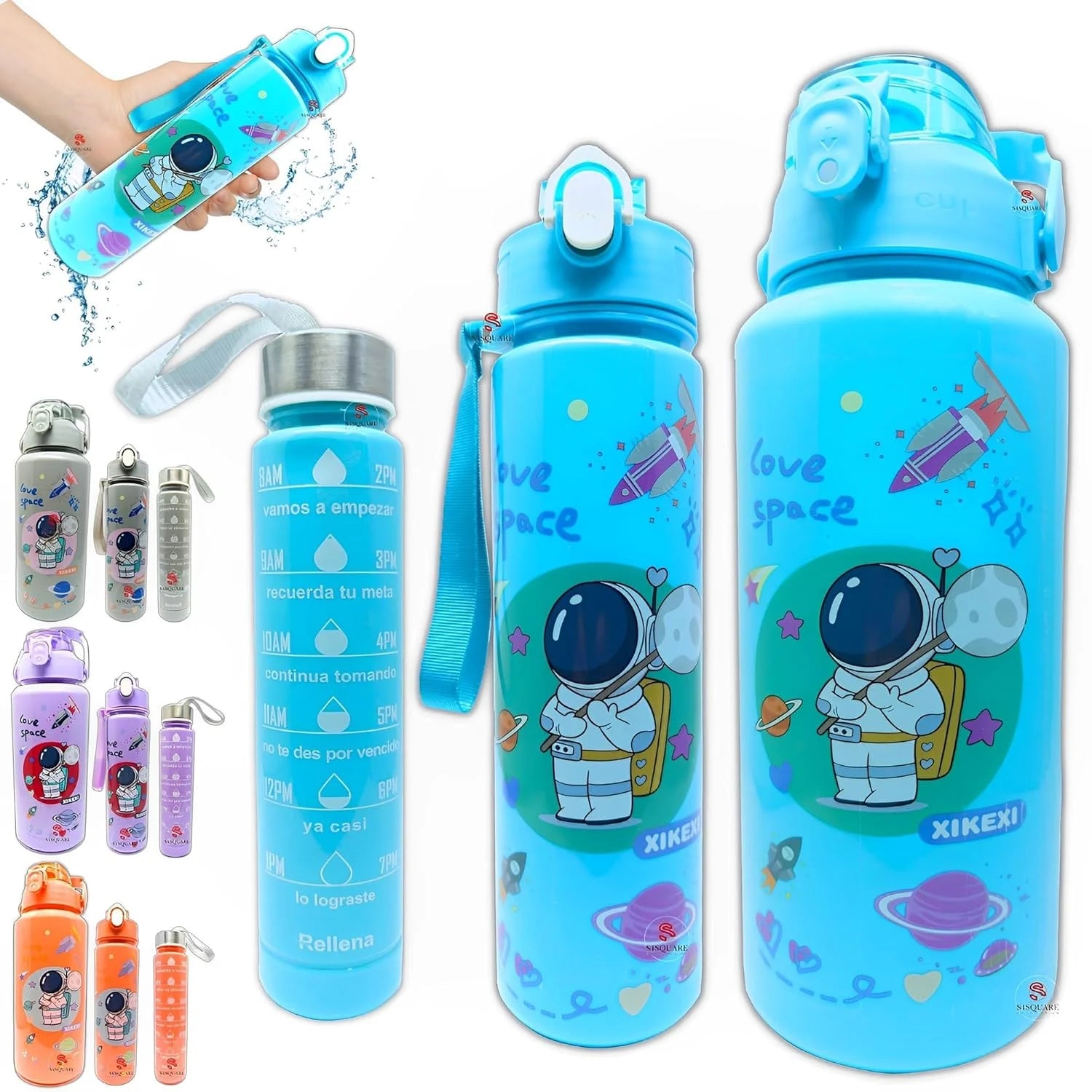 11137 Set of 3 Space-Themed Water Bottle with Motivational Time Marker | 2000ml, 800ml, 300ml | Durable Non-Toxic Sipper Water Bottle for Office, School, Sports, Gym & Fitness {Random Colour}