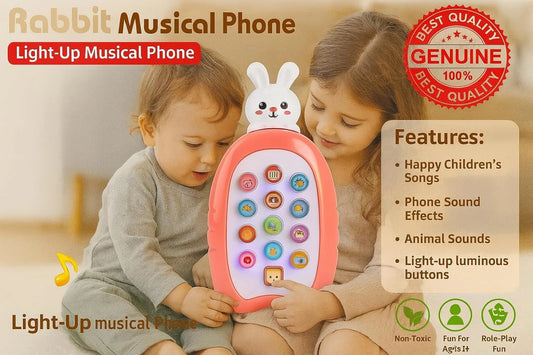 11174 Animal Musical Phone Toy with Light-Up Keys, Sound Effects, Children’s Songs, Multiple Animal Designs, Educational Learning Toy for Kids 1Pc (Rabbit – Random Colour }