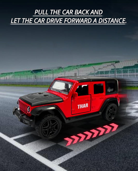 9873 Thar Die-Cast SUV Toy Car – 1:32 Scale Metal Jeep Model with Pull-Back Action & Opening Doors {Random Color}